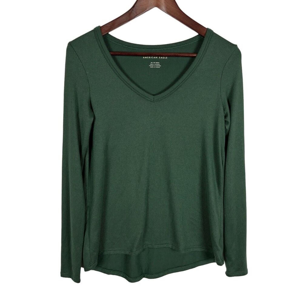 American Eagle Green V-Neck Soft Long Sleeve Top Women's XS